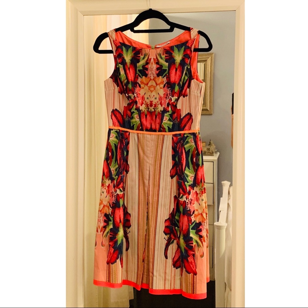 Tahari Floral neon trim dress
